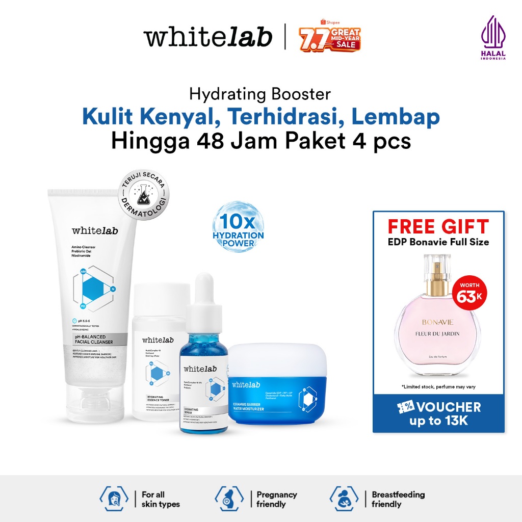 Whitelab Hydrating Series - Facial Cleanser, Essence Toner, Serum, Moisturizer, Sleeping Mask Paket 