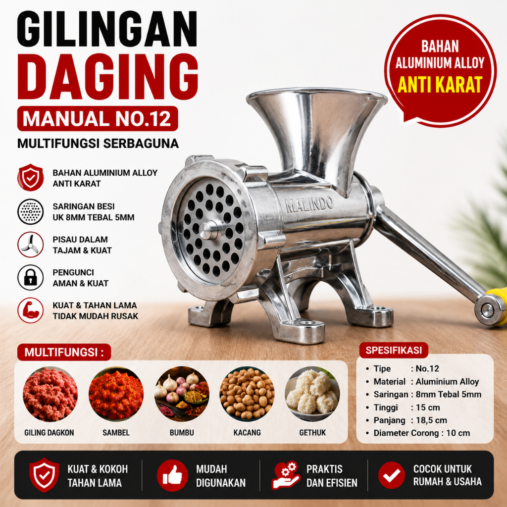 Gilingan Daging Stainless No.12 Meat Mincer Gilingan Kacang Sambel Gethuk Lindri