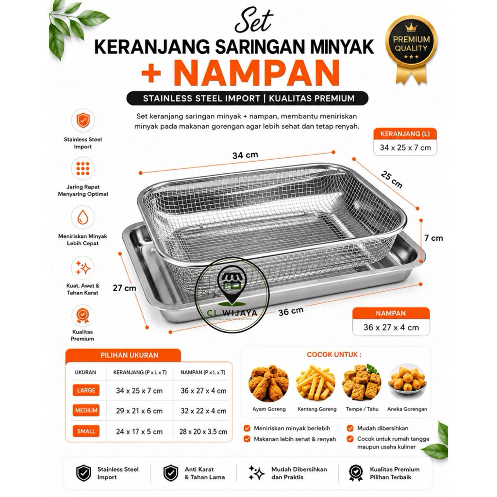 Set L Keranjang Saringan Minyak + Nampan Stainless Steel Import Premium | Rak Peniris Gorengan Anti 