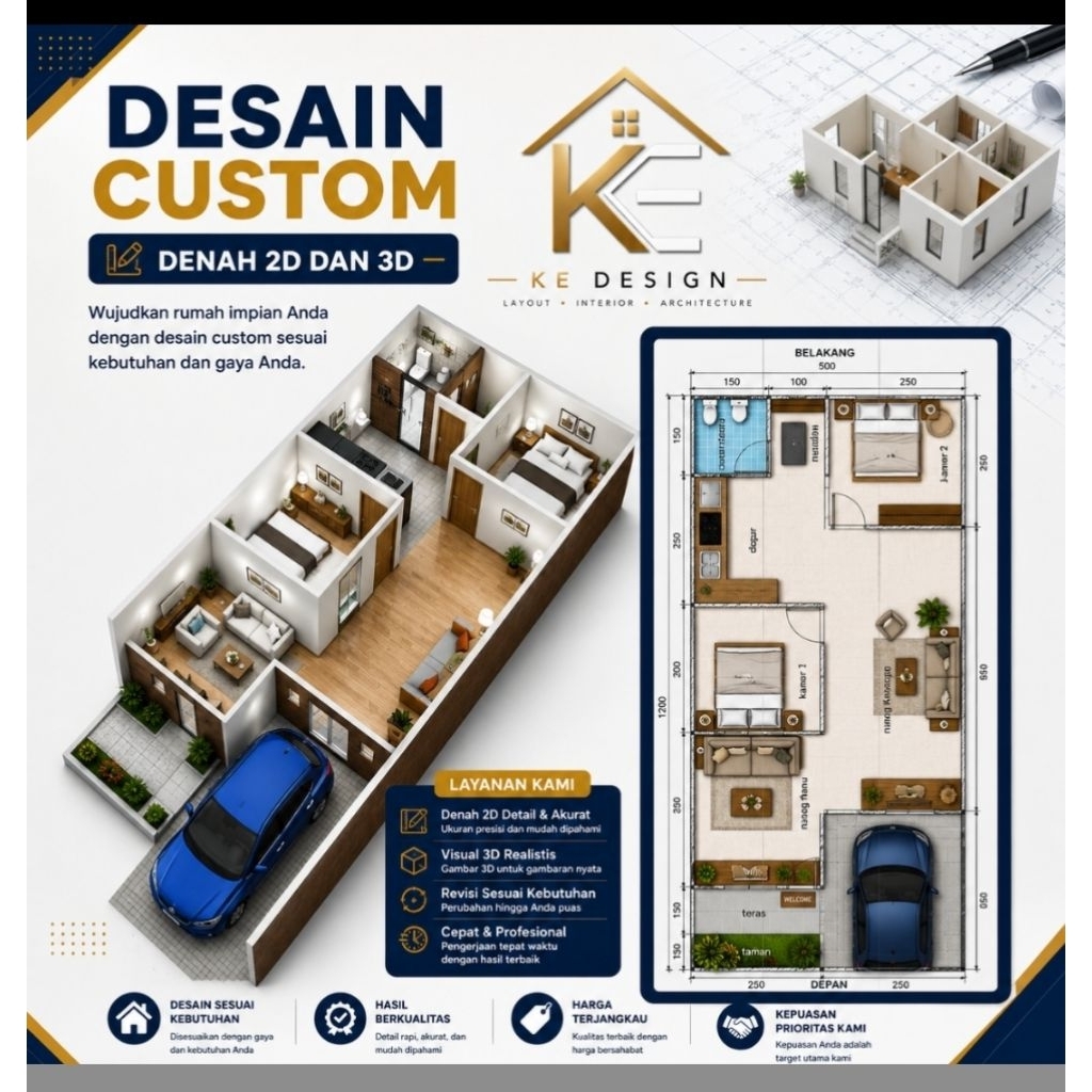 DESAIN DENAH RUMAH 2D DAN 3D