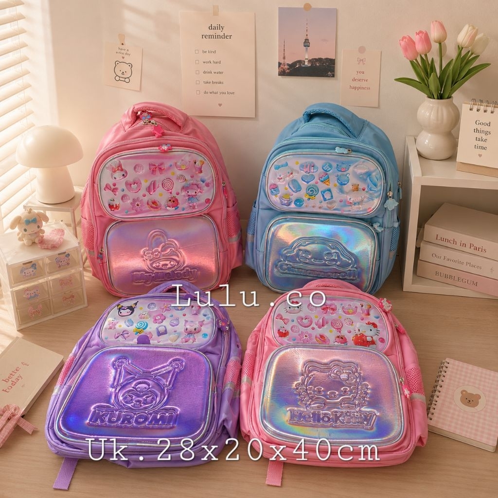 Tas ransel sekolah hologram 16003 CINNAMOROLL HELLO KITTY MY MELODY KUROMI