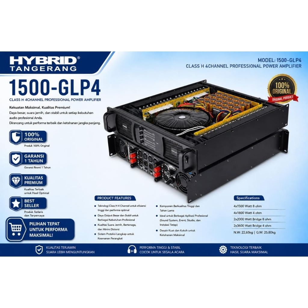 POWER AMPLIFIER HYBRID 4 CHANNEL CLASS H 4X1500 WATT  1500 GLP4 / 1500GLP4 / 1500-GLP4  ORIGINAL GAR