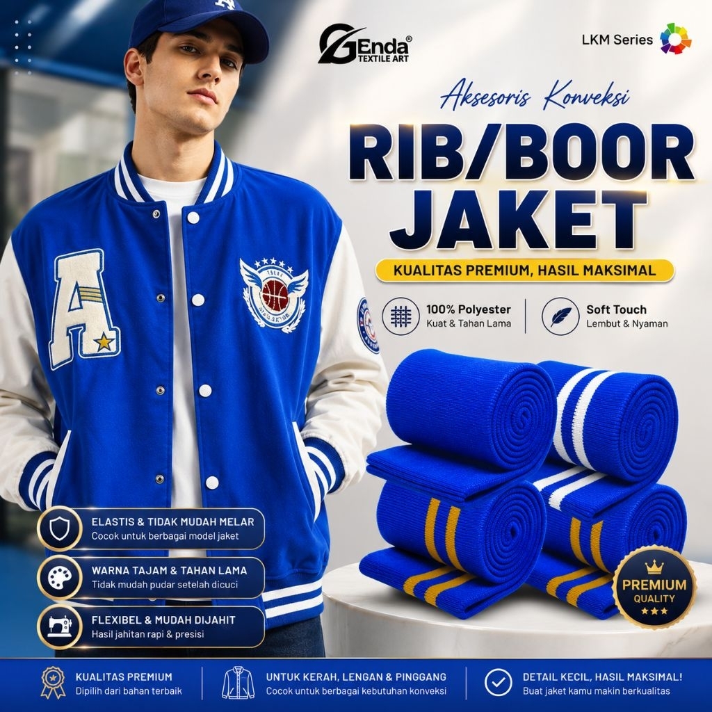 Kain rib bur jaket polyester biru benhur untuk karet kerah lengan dan pinggang jaket rajut premium