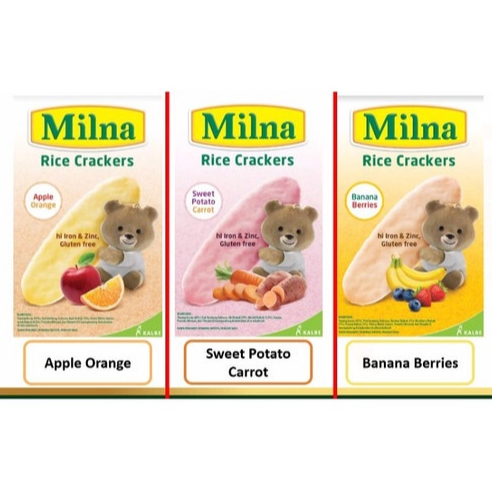 MILNA RICE CRACKERS 20 GRAM/RASA APPLE ORANGE/ BANANA BERRIES/ POTATO CARROT/GLUTEN FREE/BISKUIT BAY