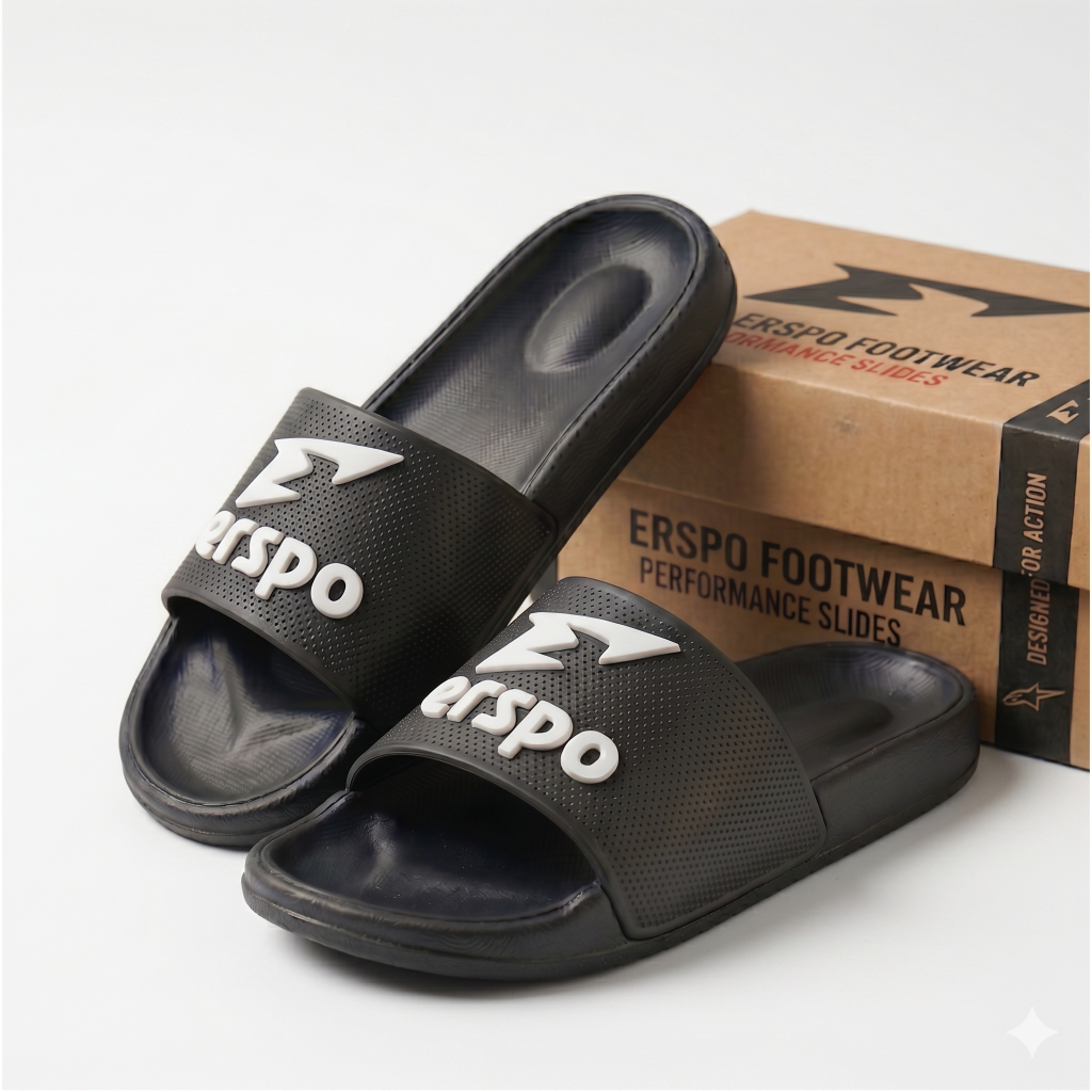 Sandal slop erspo performance slides sporty tekstur bintik-bintik logo 3D timbul warna hitam gelap a