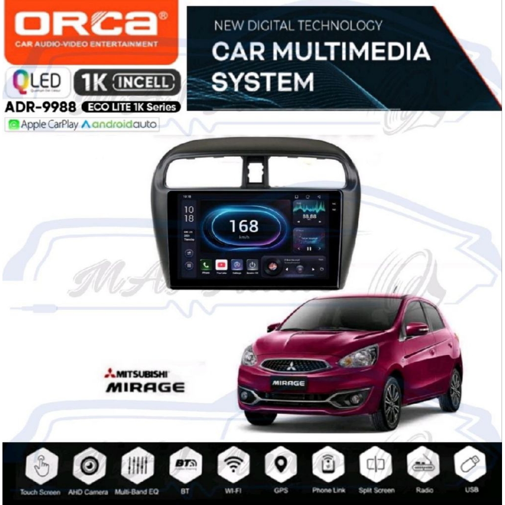 HEAD UNIT TAPE TV MOBIL ANDROID 9 INCH MERK ORCA, DHD ATAU SKELETON UNTUK MITSUBISHI MIRAGE 2012-NOW