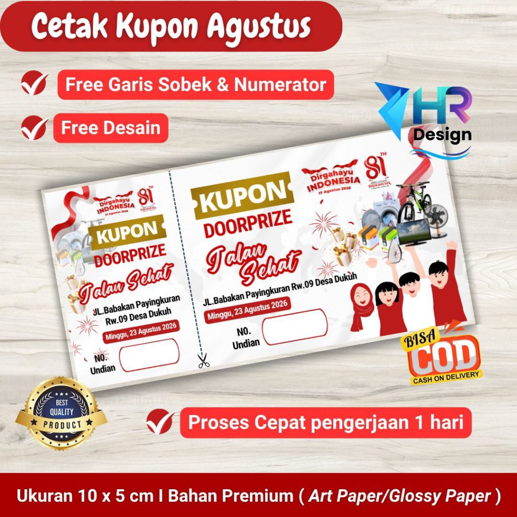 Cetak Kupon Doorprize Hadiah 17 Agustus Free Desain / Kupon Jalan Sehat / Kupon HUT RI / Kupon Lomba