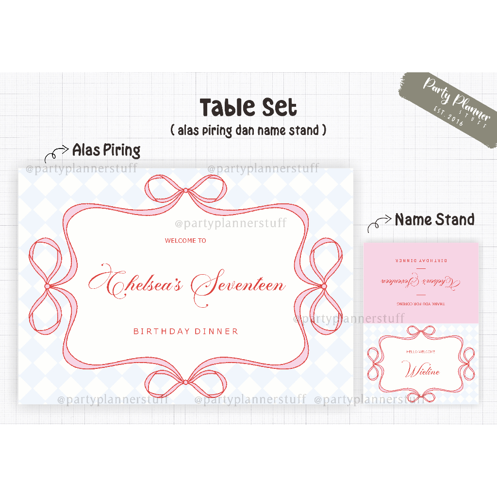 Table set tema ribbon coquette bow pink blue / table decor bridal shower pita / cute ribbon table se