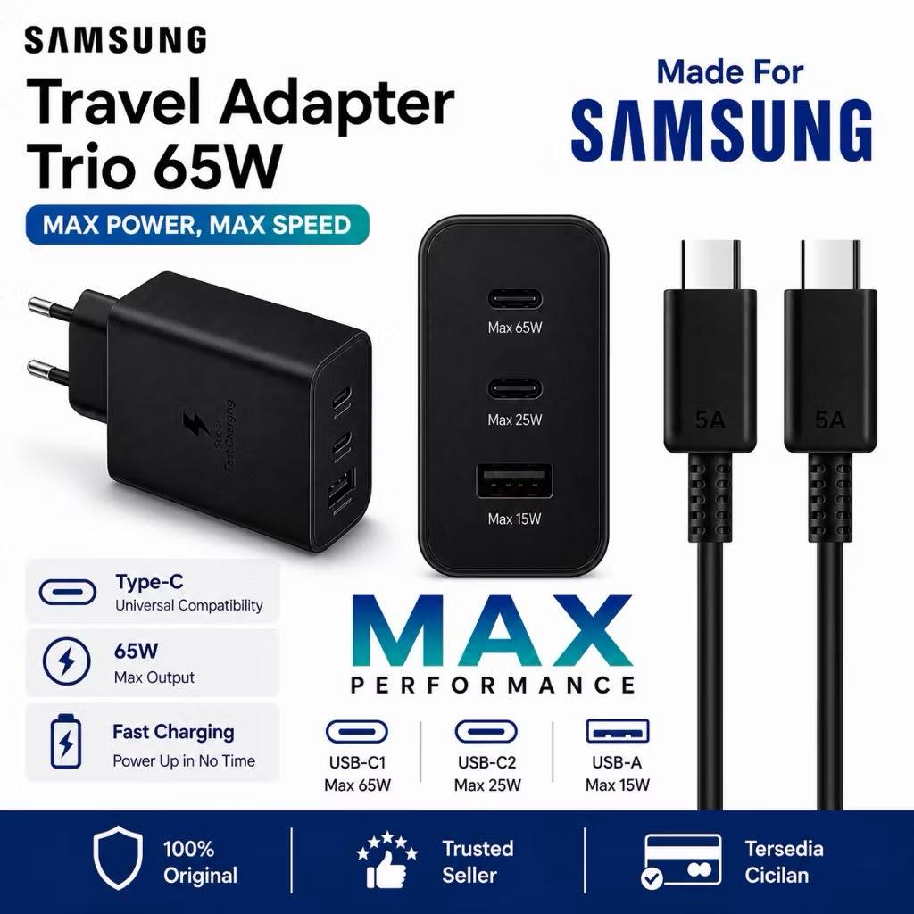 Charger Samsung Super Fast Charging 65W Trio /  Charger Samsung 65W Triple USB C+USB A 65 Watt Samsu