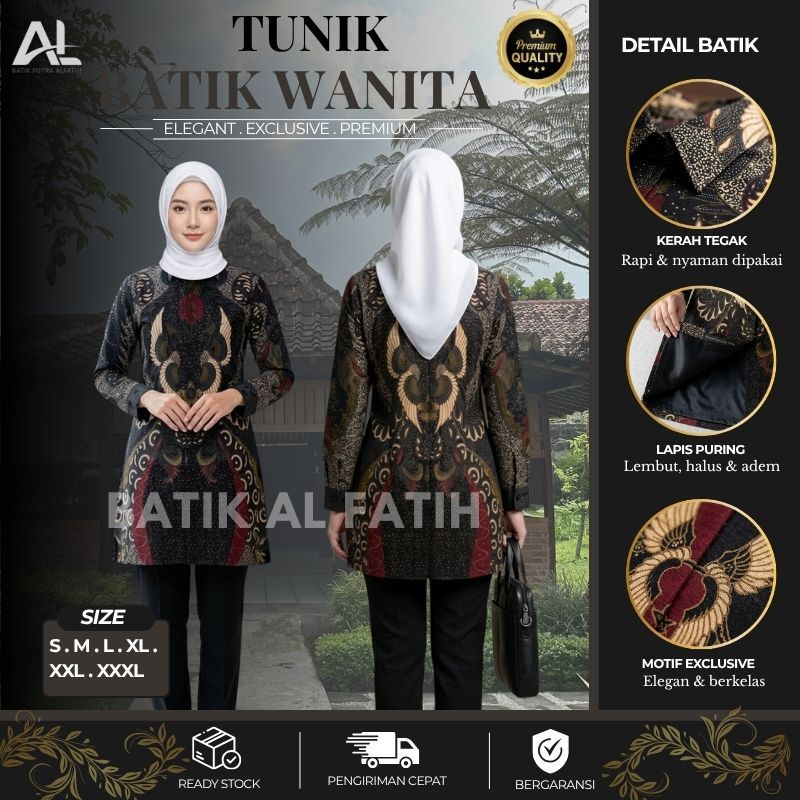 Batik Alfatih - Tunik Batik Premium Lengan Panjang Full Puring Motif Jatayu Warna Hitam Kombinasi