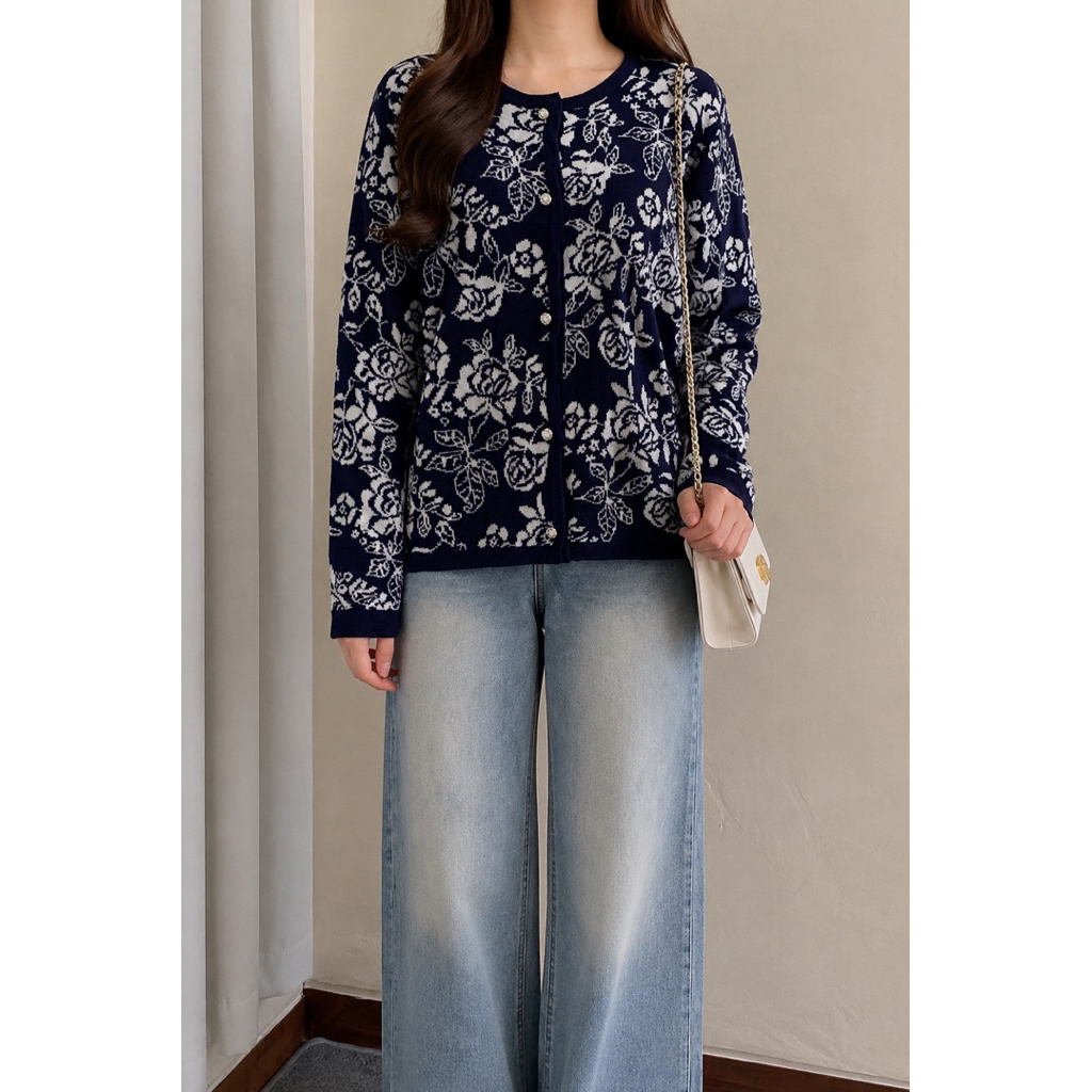 Cardigan Wanita Motif Bunga Lengan Panjang Outer Rajut Knitwear