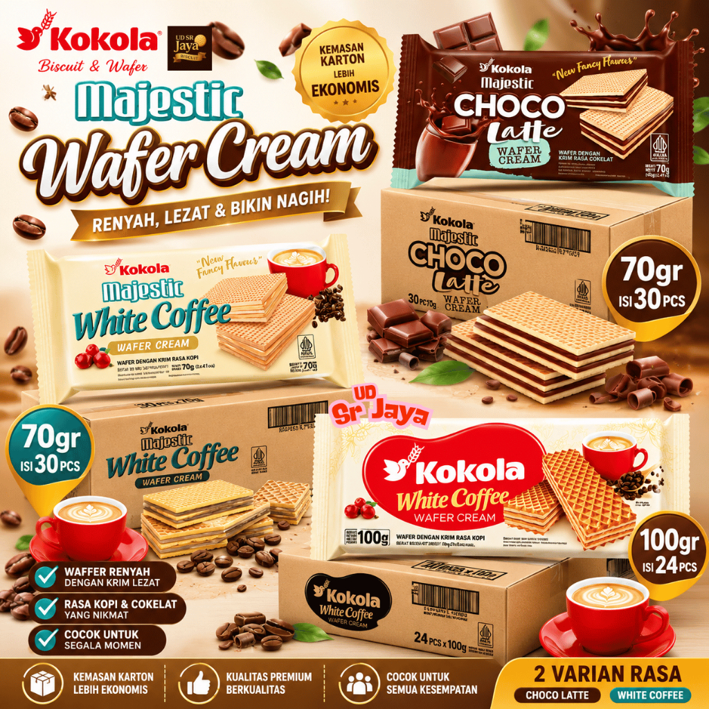 Wafer Kokola Majestic 70 & 100 gram 1 karton isi 30 pcs rasa White Coffe & Chocolate
