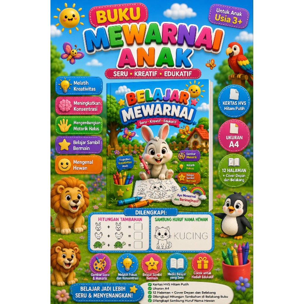 Buku mewarnai anak / Worksheet mewarnai anak Edukasi PAUD,TK,SD