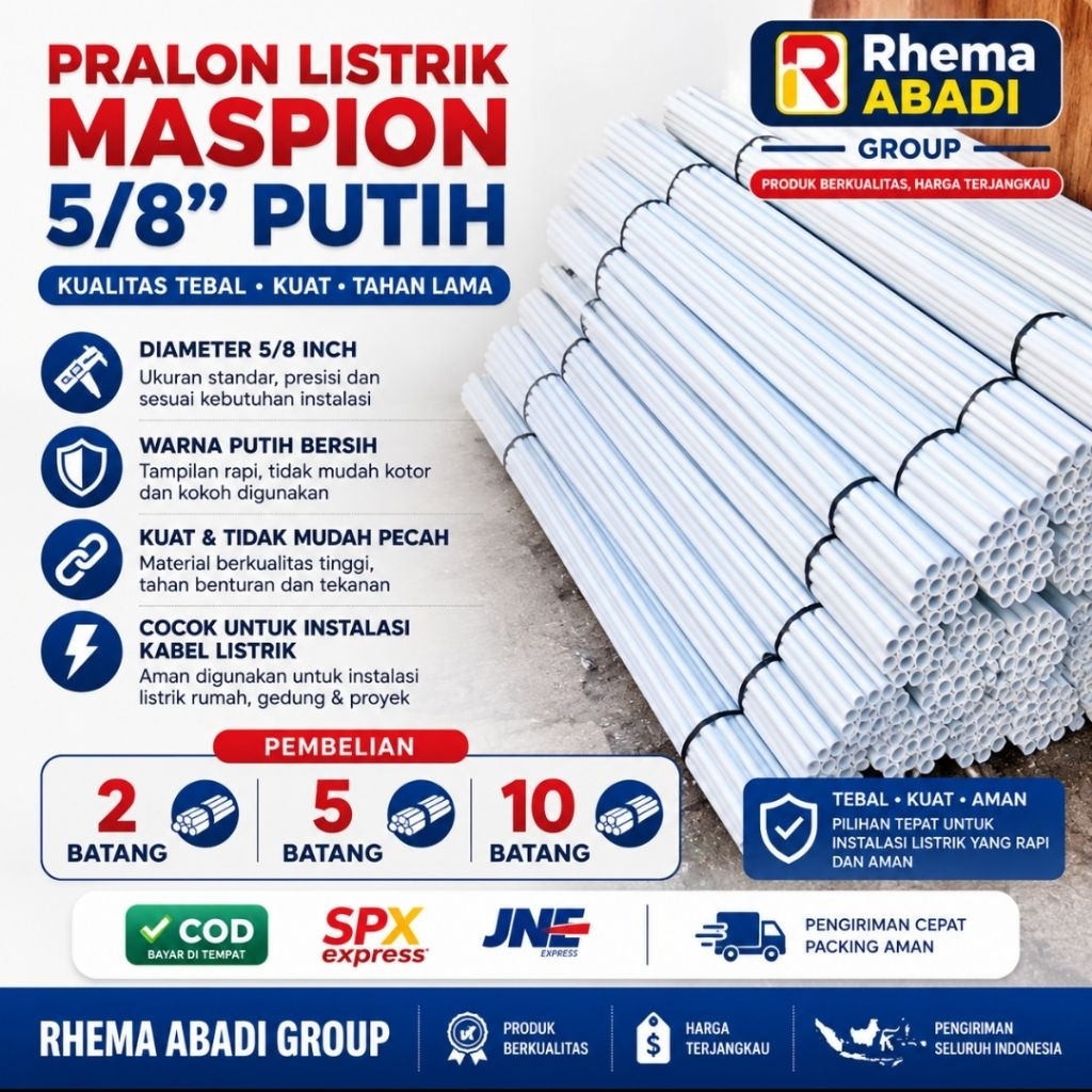 PRALON Listrik PUTIH Maspion 5/8" Inch 4 Meter  | Pralon PVC Instalasi Kabel Rumah | Grosir  Pembeli