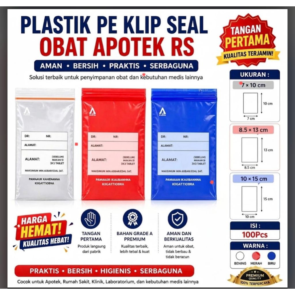 Plastik klip obat apotek 100pcs ukuran 7x10 8.5x13 10x15 ziplock kuat warna biru premium untuk apote