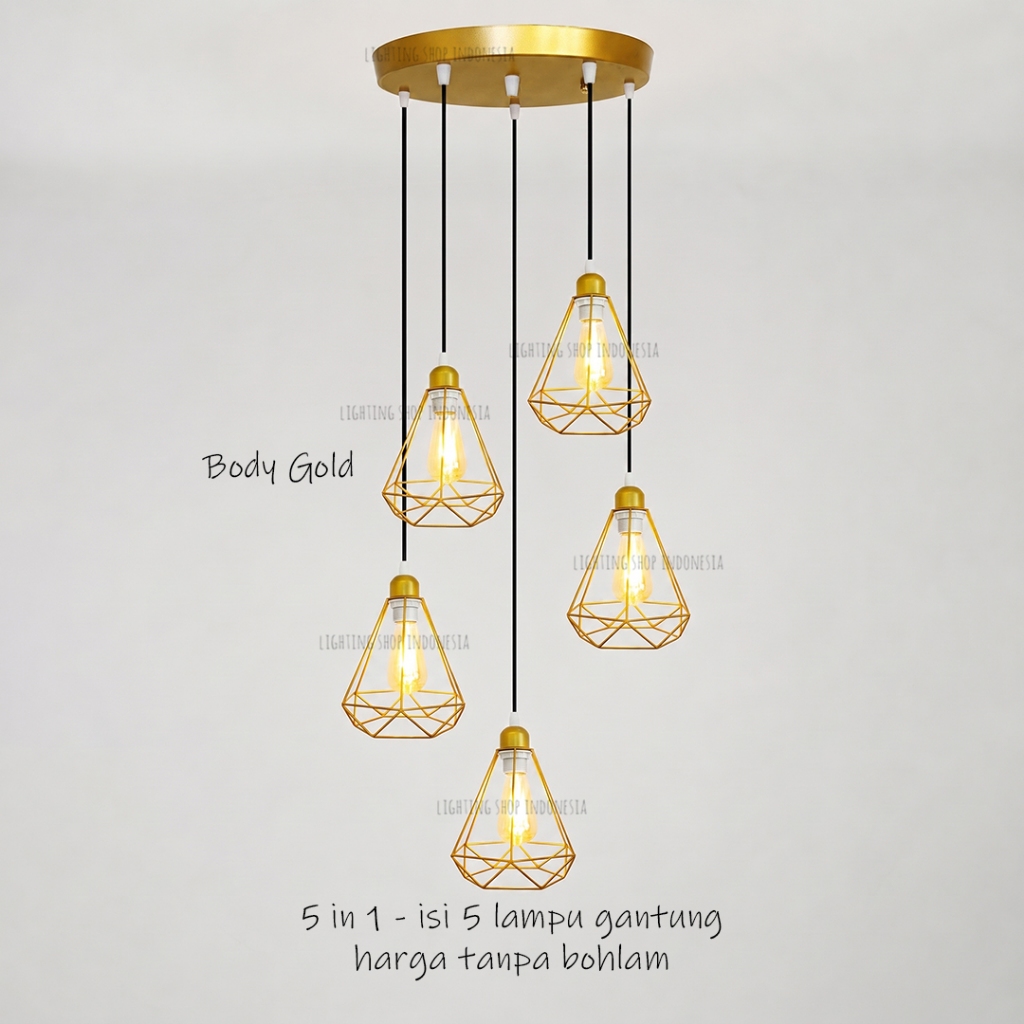 Lampu gantung void tangga 5in1 body hitam gold minimalis 5 lampu model diamond