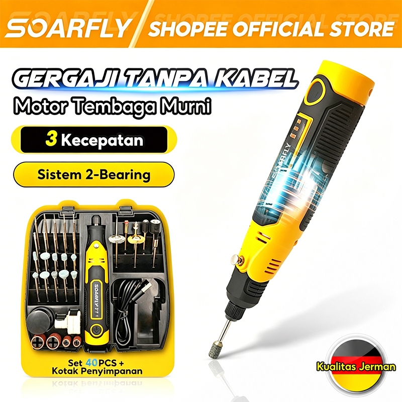 SOARFLY Gratis set aksesori 57 buah Mesin gerinda mini tanpa kabel, 3 kecepatan yang dapat disesuaik