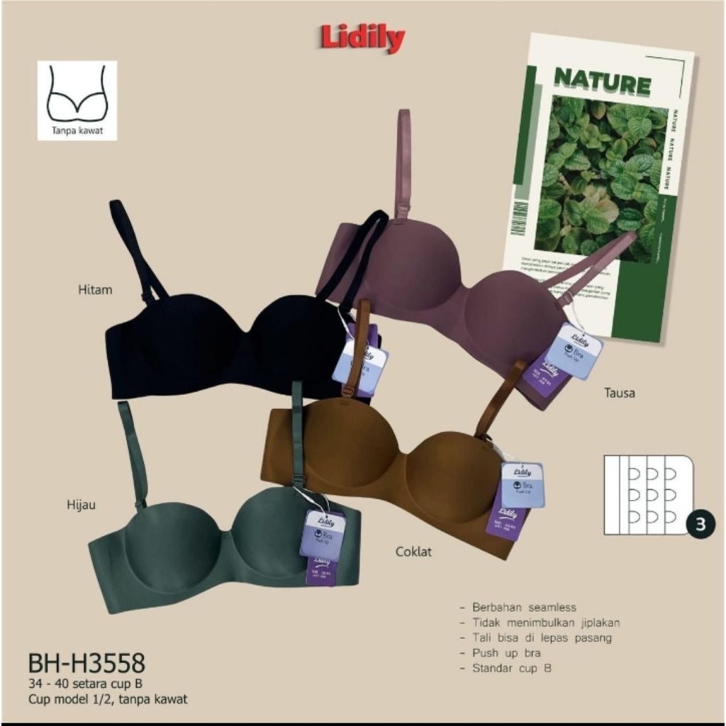 Lydyly Push Up Bra BH H3558 Tanpa Kawat Busa Tebal Kait 3 Cup A-B 3/4 (34-40) Seamless