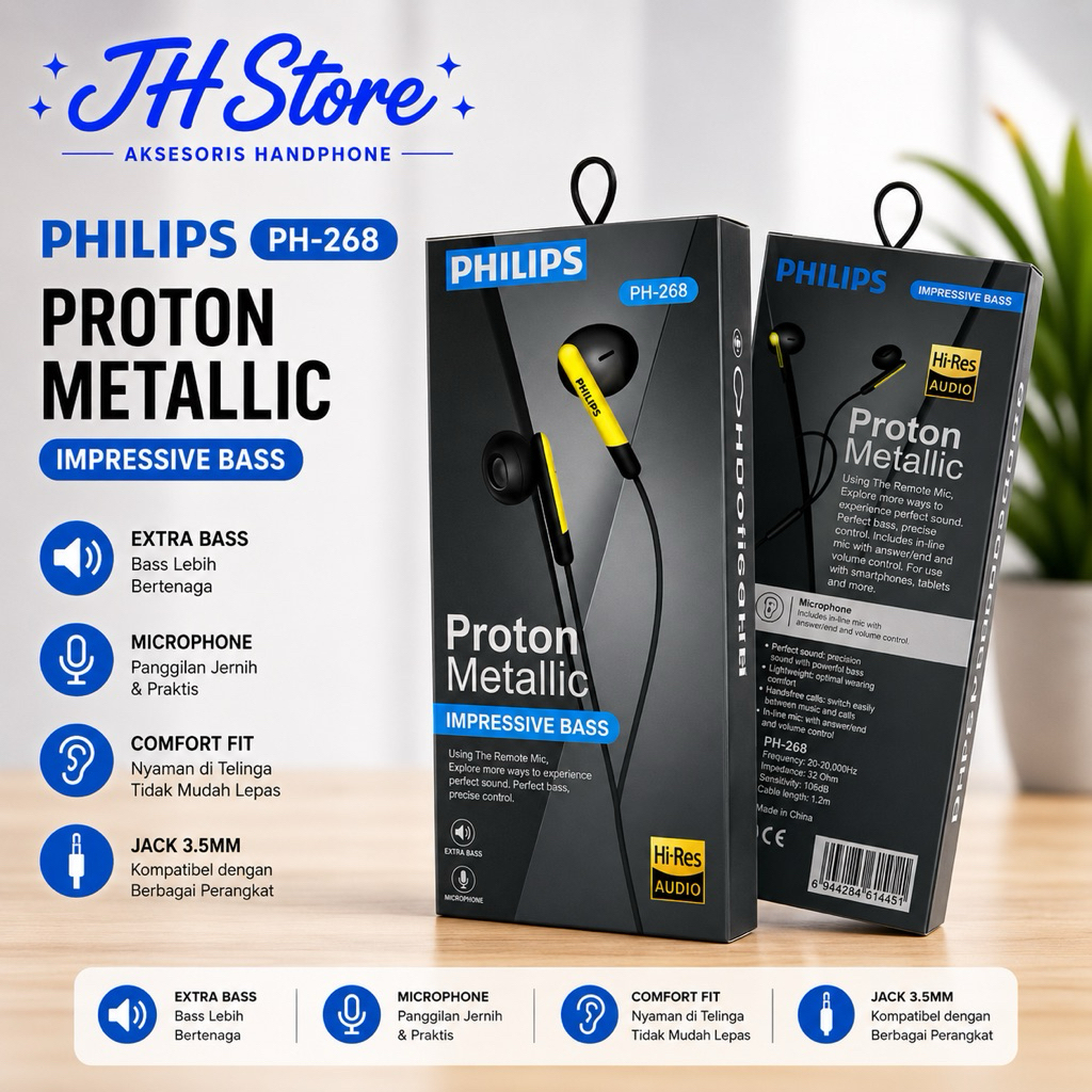 Earphone - Handsfree - Headset PHILIPS PH-268 Extra Bass Enjoy Music Universal + Mic HF PH268 Jack 3