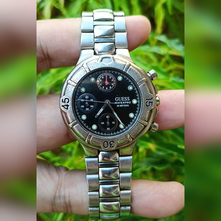 GUESS WATERPRO Chronograph Black Silver Watch Second Original | Jam Tangan Vintage Pria