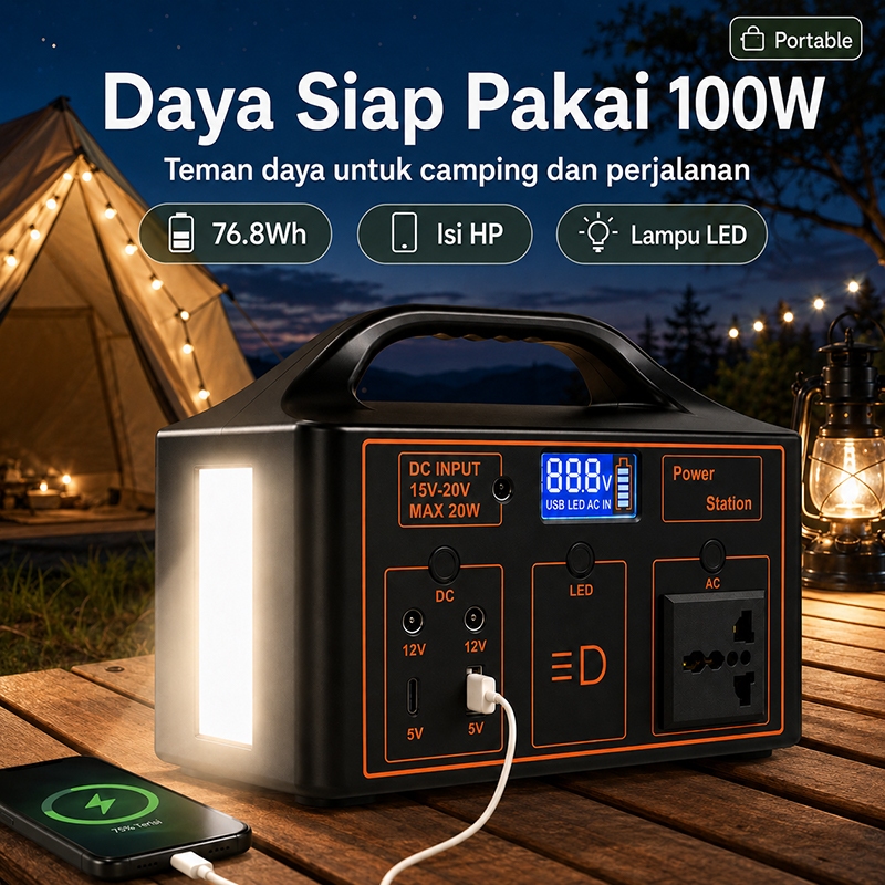 EXPOSE Portable Power Station 100W 76.8Wh, Genset Portabel AC 220V/110V, Universal Stopkontak, Campi