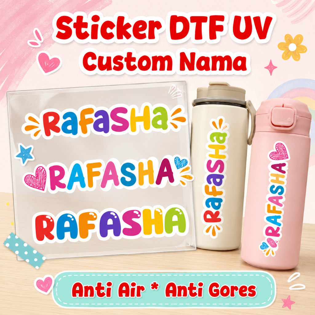Sticker DTF UV Custom Nama Anti Air Anti Gores Motif Warna-Warni Untuk botol tumbler