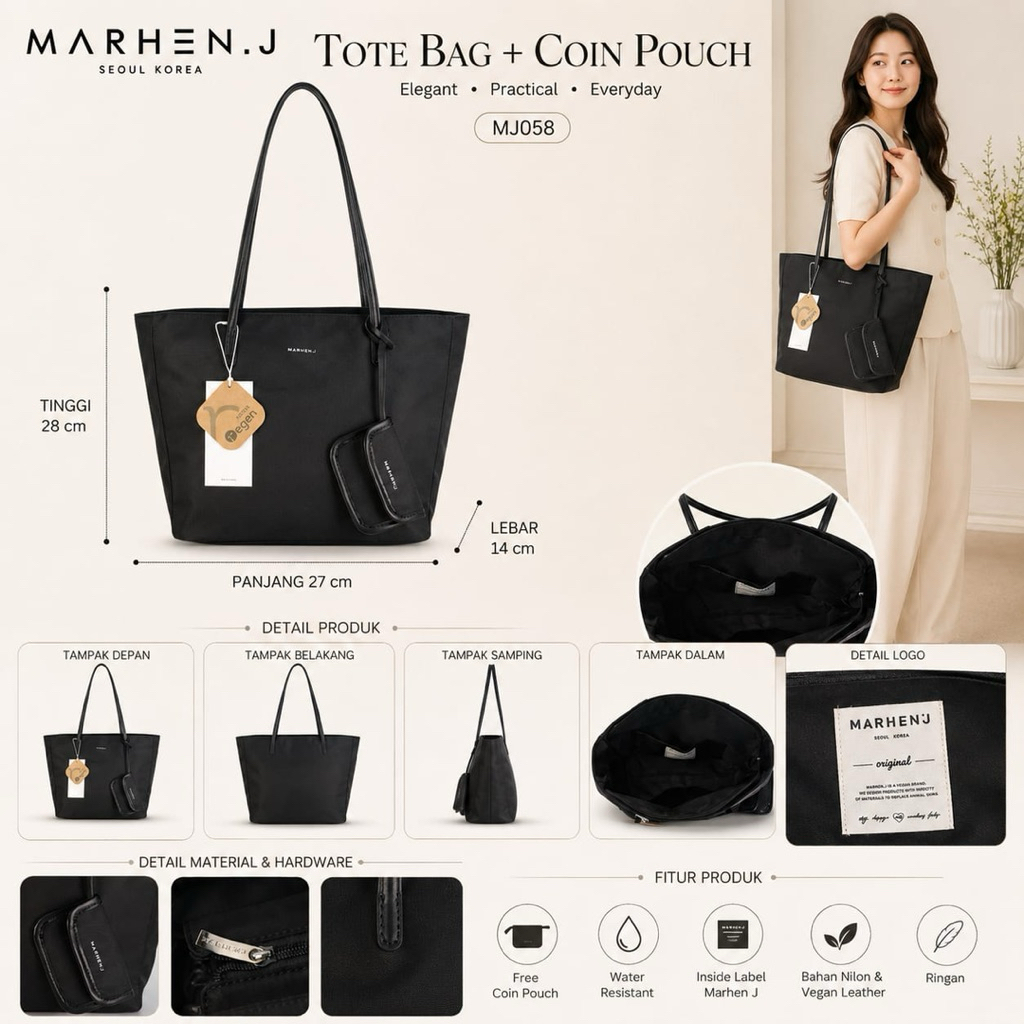 Tote Bag MJ058 bahan Nilon Tebal Premium mix Vegan Leather kualitas Grade Ori Import