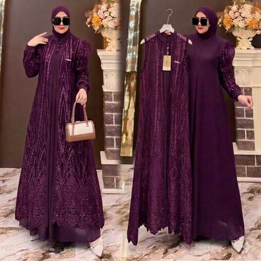 Alena Dress Ceruty Babydoll Mix Brukat Spangle Gamis Pesta Inner Outer Lepas Pasang