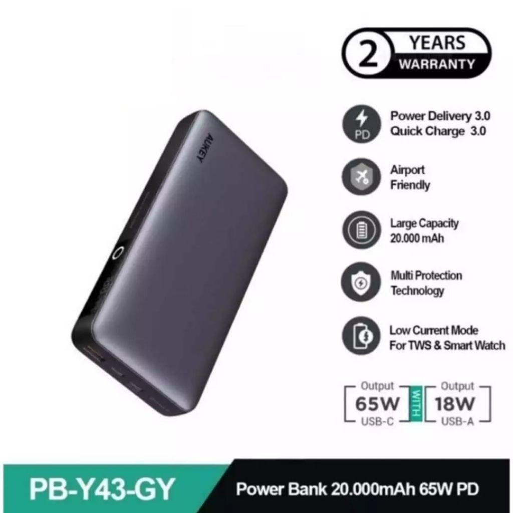 AUKEY Power bank Laptop / smartphone 20000mah PB-Y43-GY USB C 65W PD 3.0 Slim