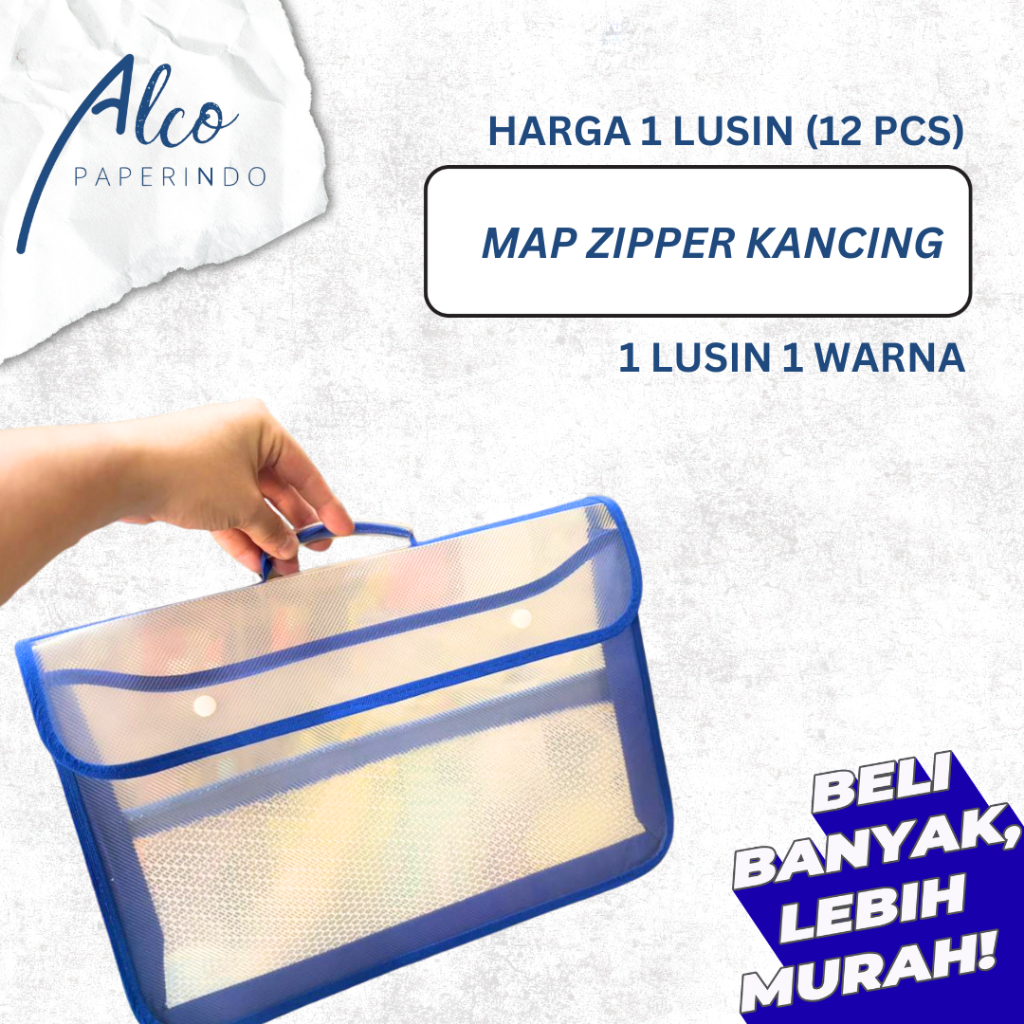 Alco Map Zipper Kancing Transparan Biru 12 Pcs 1 Warna Dengan Tali Genggam