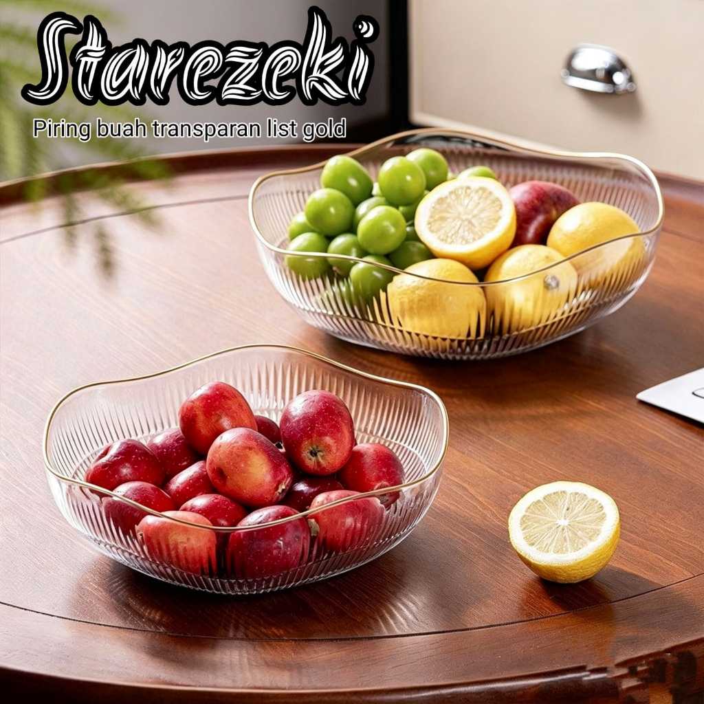 Piring Saji Transparan Mangkok Salad List Gold PET Piring Buah Transparan List Gold