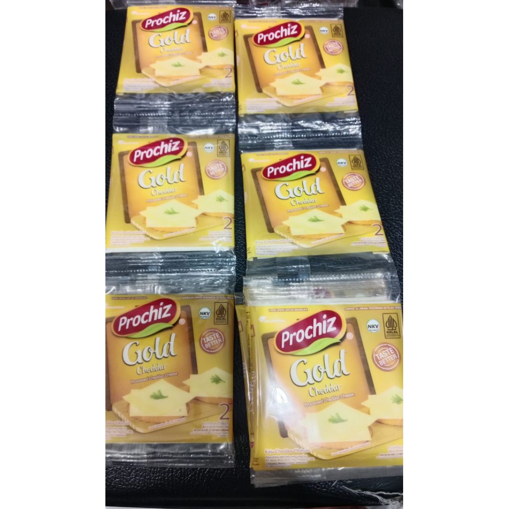 Prochiz Gold Cheddar sachet atau Prochiz Gold Slice.1 renceng berisi 8 sachet dengan 2 slice