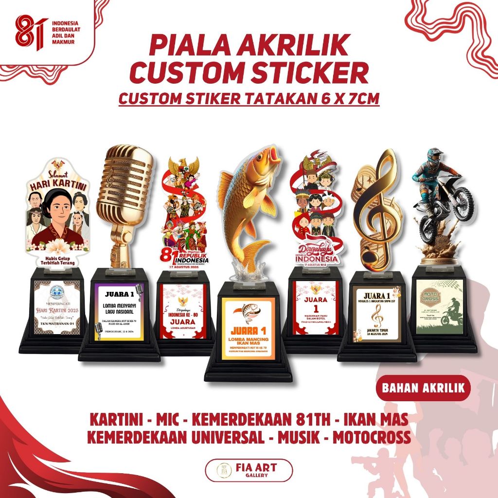 Piala Akrilik Custom Stiker Tatakan Souvenir Hadiah Kemerdekaan Agustusan, Ikan Mas / Carp, Motocros