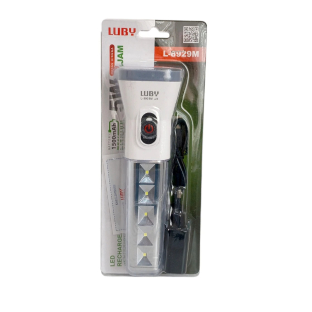 Senter Tangan Luby L 8929M Cahaya Putih 5 Watt 1500mah Lithium Smart Chip + Emergency 20 LED SMD Cas