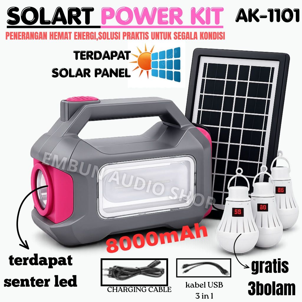 Promo~Lampu Tenaga Surya Basic KIT 3 Lampu | AOKI AK-1101, Kapasitas Baterai 8000mAh , 3 Lampu LED S