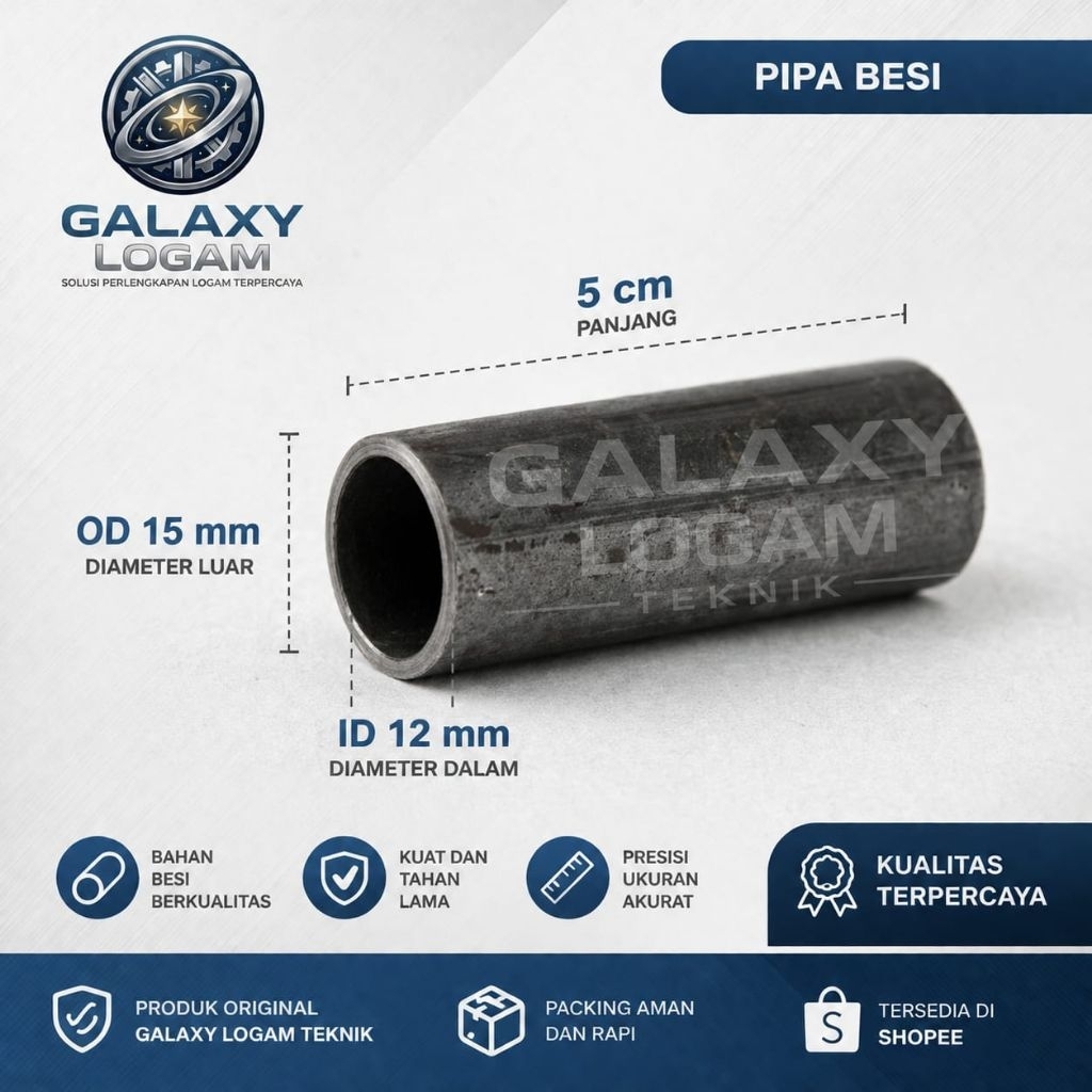 PIPA BESI SEAMLES OD 15 MM ID 12 MM X 50 MM-PIPA BESI POTONGAN 5CM