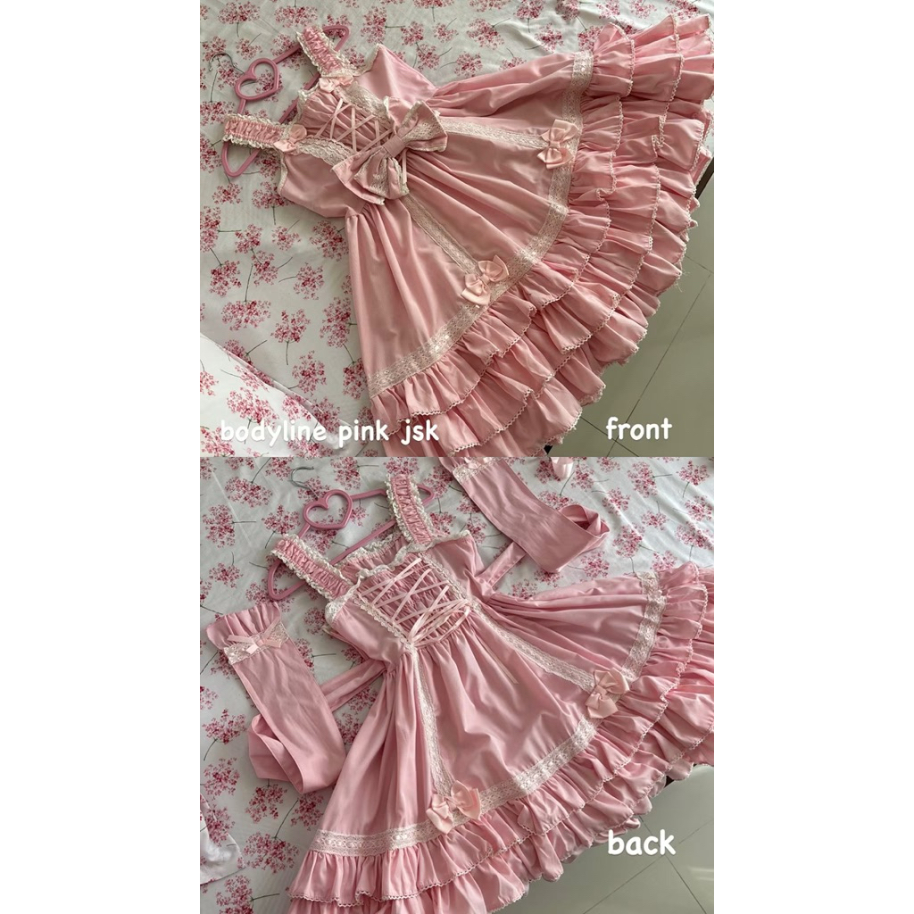 [READY PRELOVED] BODYLINE Pink Double Sided Lace Up Ladder Lace Lolita Jumper Skirt Size M