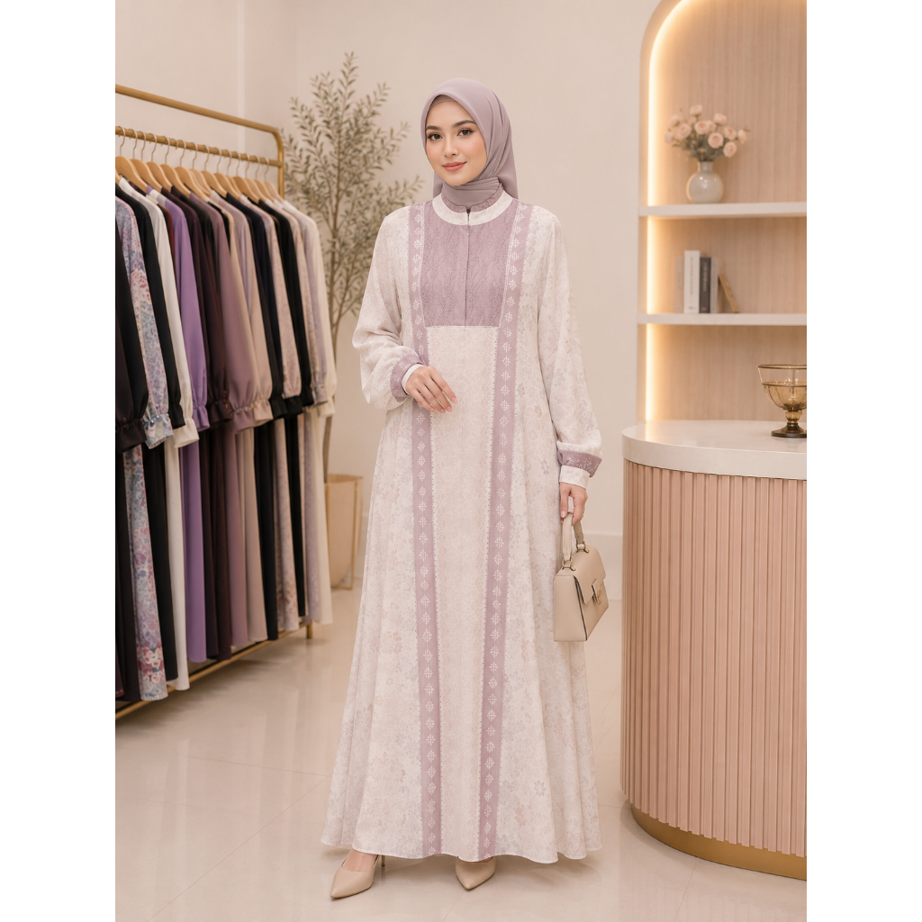 Althafunissa Abaya Set Scarf Putih Lilac l Abaya Gamis Adem & Nyaman Dengan Motif Elegan