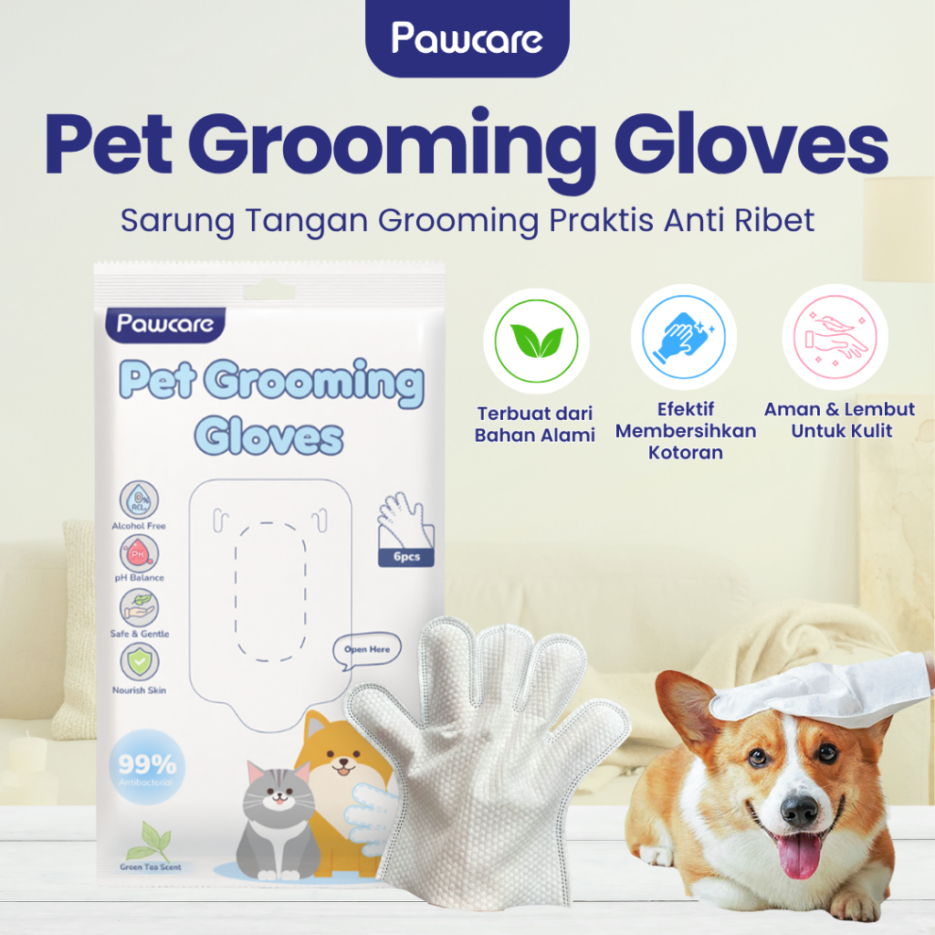 PAWCARE - Pet Care Grooming Gloves Tea Tree Extract isi 6 pcs-Sarung Tangan Mandi Kucing Tanpa Bilas
