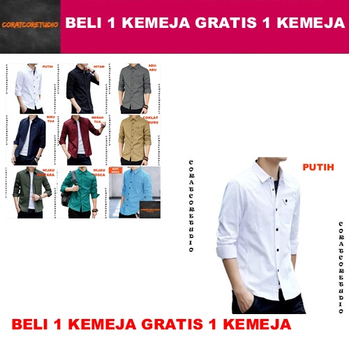 BELI 1 GRATIS 1 Shirt Jumbo Big SIze Kemeja Pria Hem Cowok 1 Kantong Saku Lengan Panjang Polos Casua