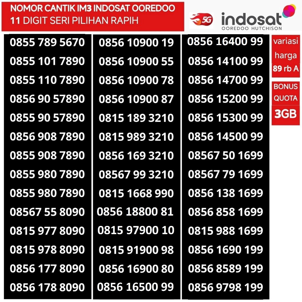 nomer cantik 11 digit indosat ooredoo 4G 5G ready nomor kartu perdana im3 internet freedom 3GB