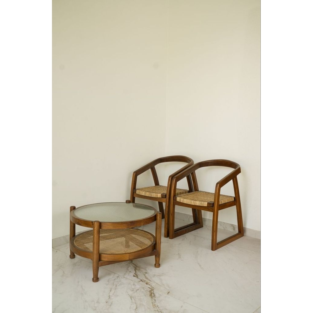 Set Meja Tamu Jati Rotan Minimalis 1 Meja + 2 Kursi Set Meja Cafe Table