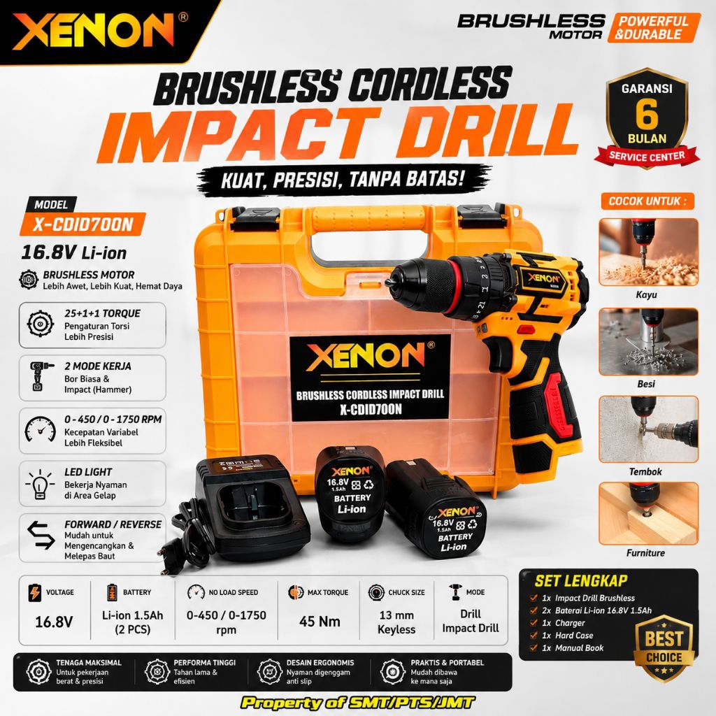 XENON Bor Obeng Baterai CDID700N Brushless Cordless Impact Screwdriver Drill