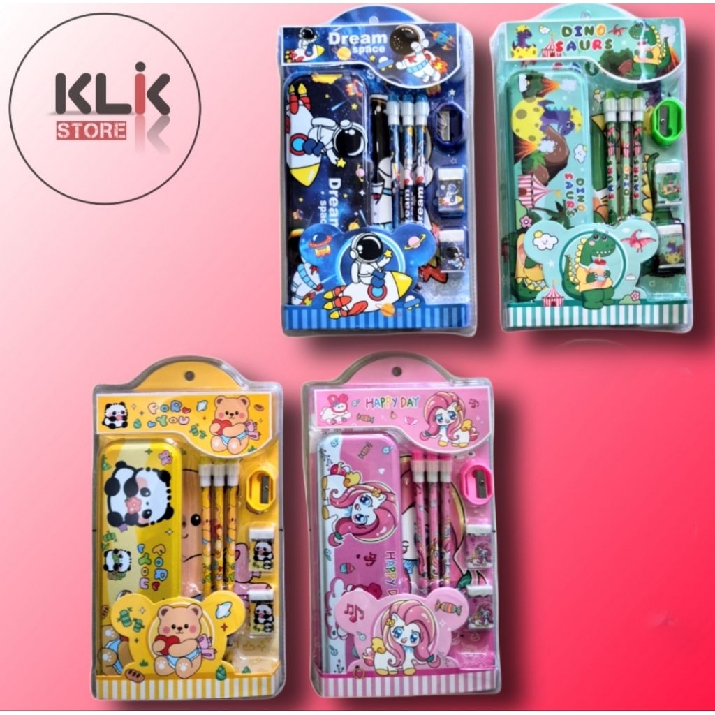 Study Set Sekolah Paket Pensil 7in1 Karakter SS-9936 Cocok Untuk Kado / Tempat Kotak Pensil Statione