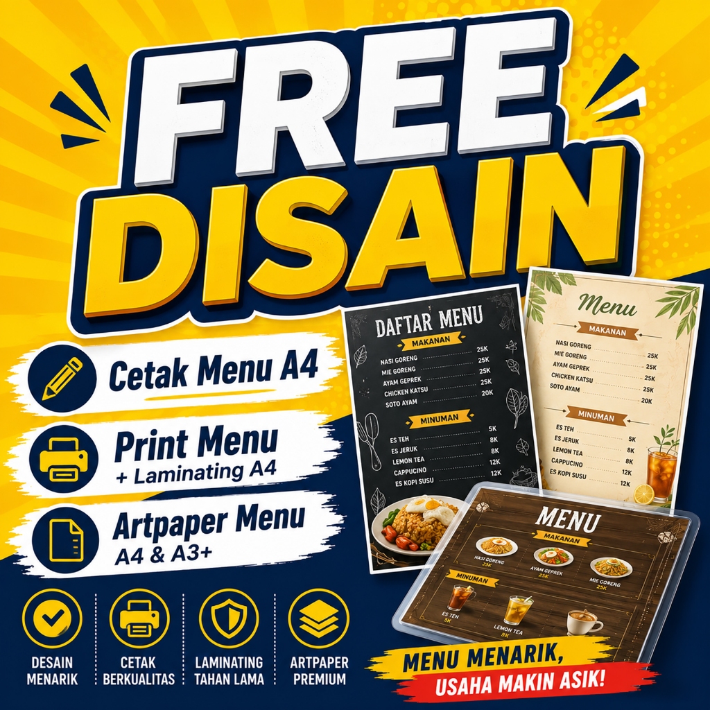 FREE DISAIN Cetak Menu A4 / Print Menu + Laminating A4/ Artpaper Menu A4 & A3+