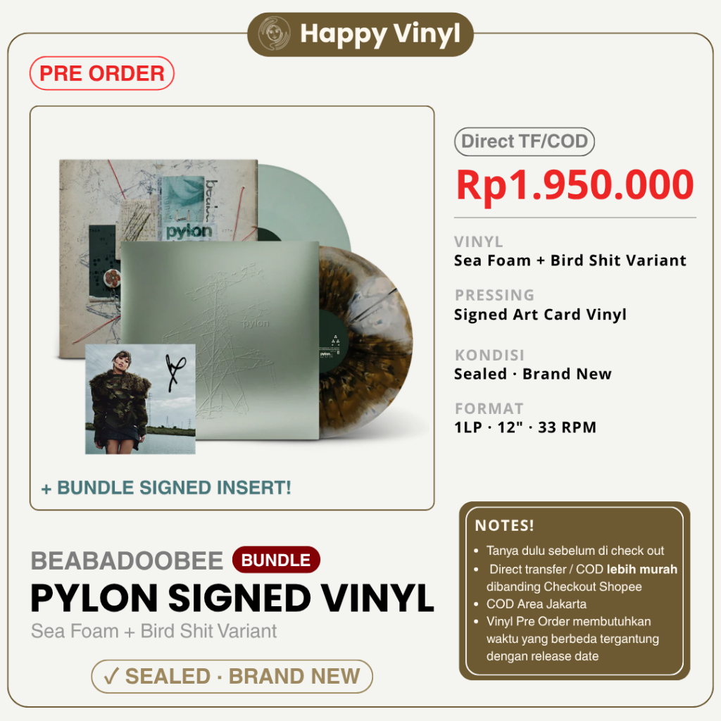 [PO] VINYL BEABADOOBEE - PYLON BUNDLE SEA FOAM + BIRD SH*T SIGNED ART CARD LP / PIRINGAN HITAM