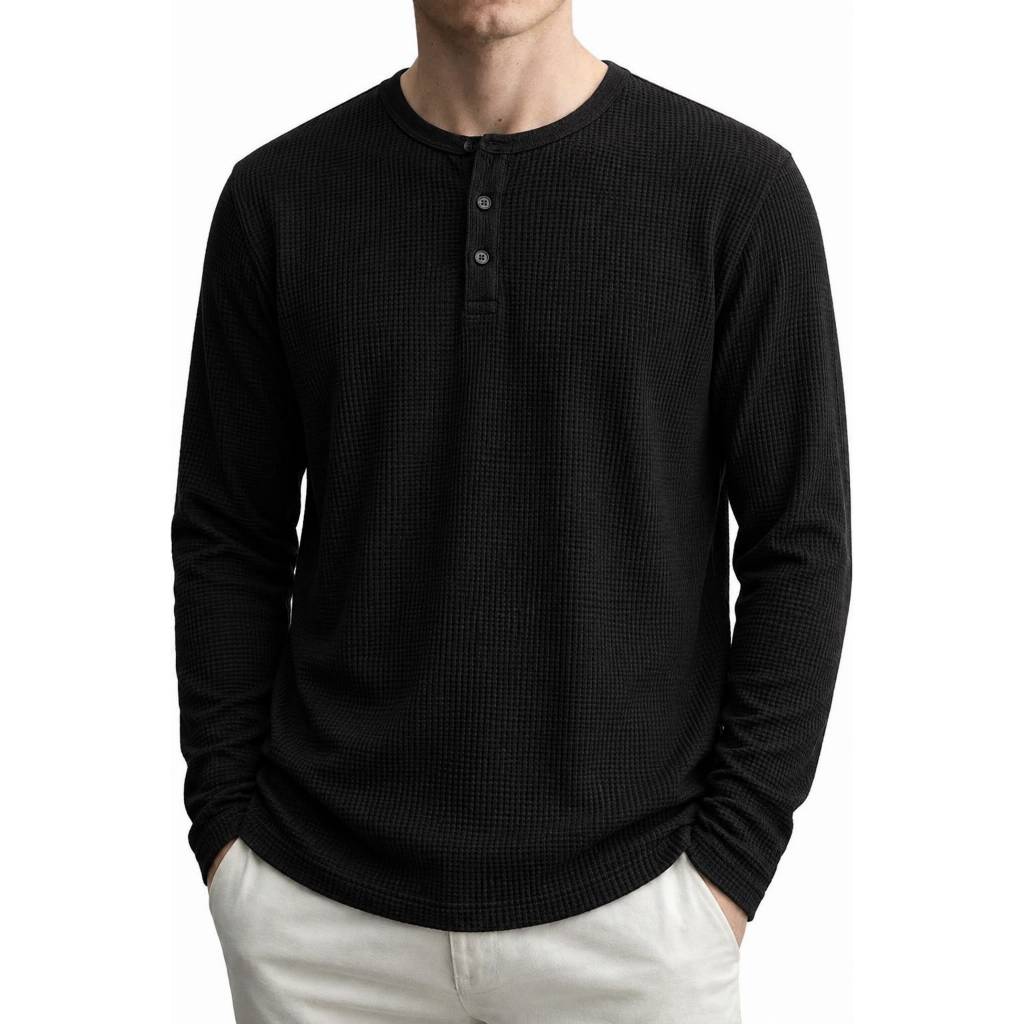 KAOS KANCING HENLEY WAFFLE KNIT LENGAN PANJANG/KAOS KANCING KNIT PRIA POLOS