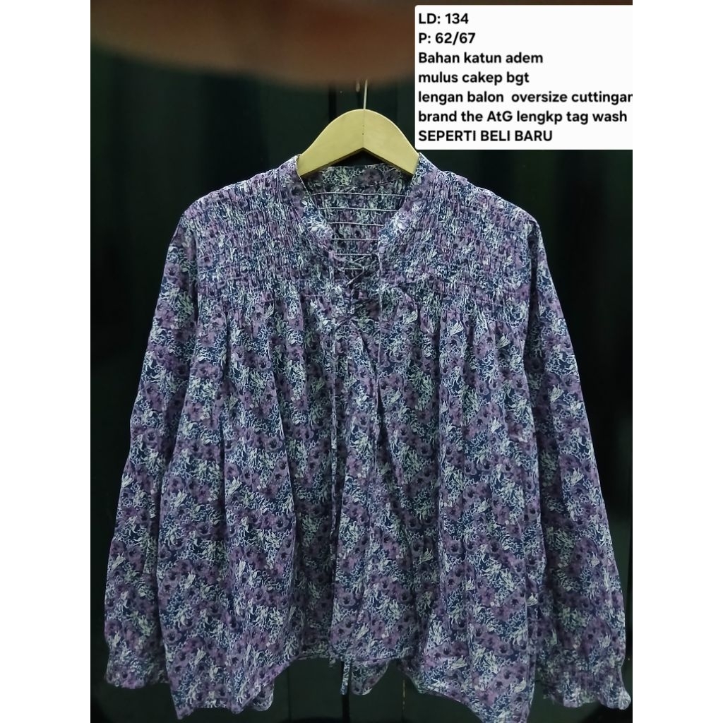 (COD)Atg Atasan blouse lengam balon oversize/big size wanita motif bunga-bunga warna ungu