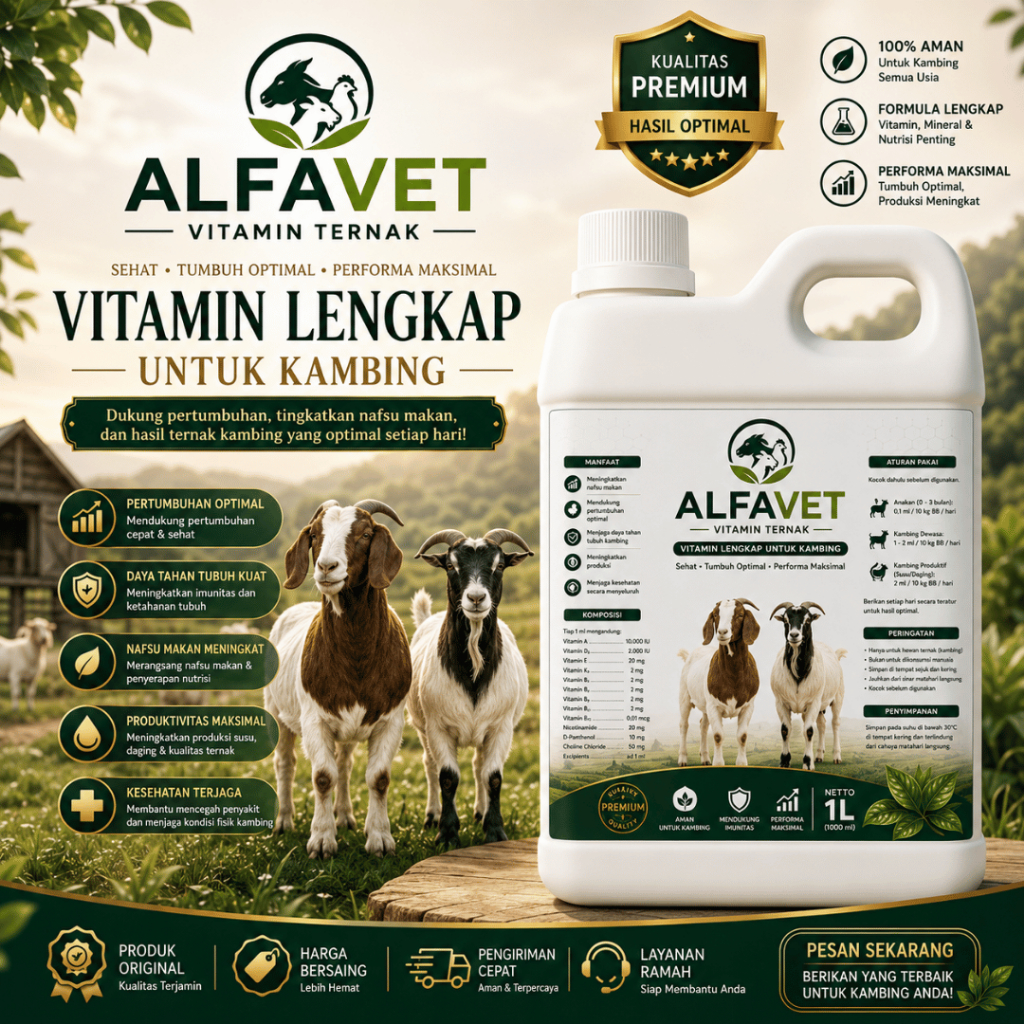 ALFAVET multivitamin ternak KAMBING 1 liter, VITAMIN Kanbing Agar Cepat Besar, Probiotik Pemacu Pert