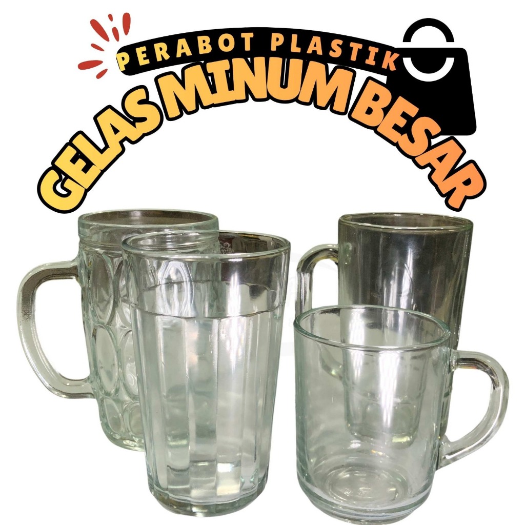 Gelas Minum Kaca Bening Besar dan Gagang Bahan Tebal